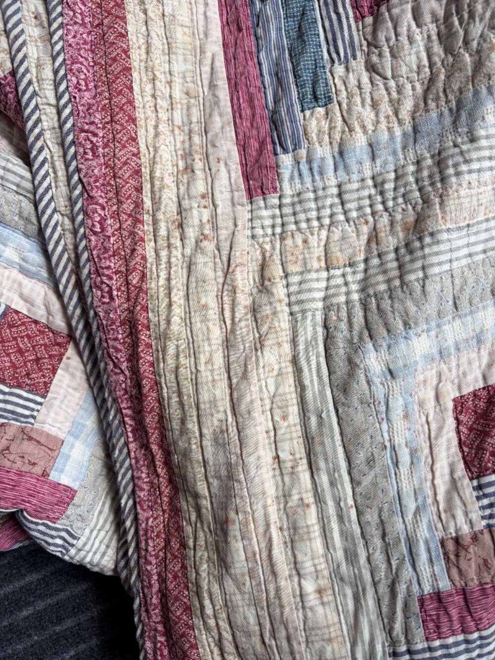 Log Cabin Quilt 85" x 85" Pink Peach Blue Full to Queen Size - Picture 11 of 16